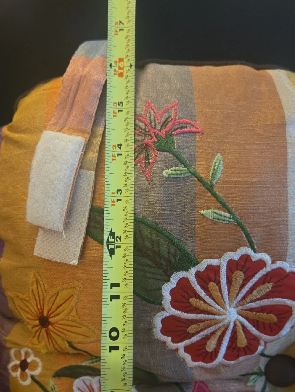 Pier 1 Embroidered Floral Accent Pillow in Gold and Orange. 100% Dupioni Silk.